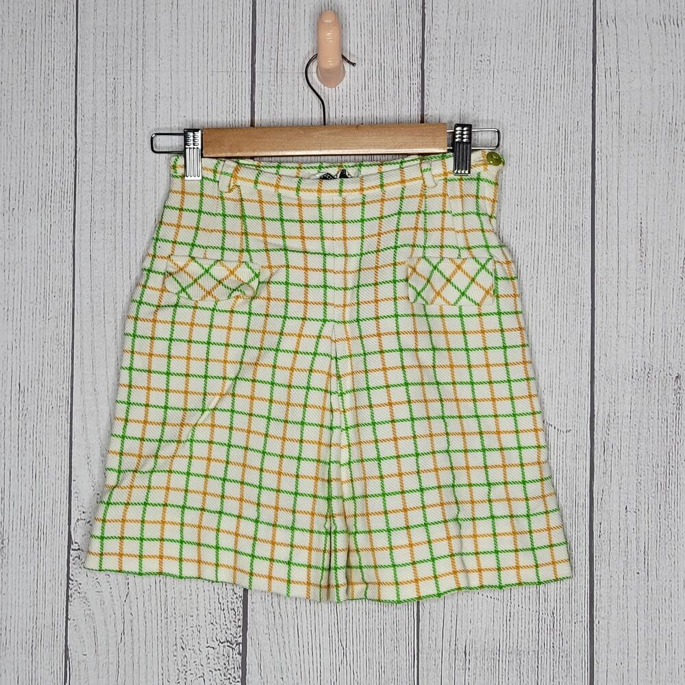 Vintage Green & Yellow Grid Plaid Pleated Mini Skirt, 24" waist